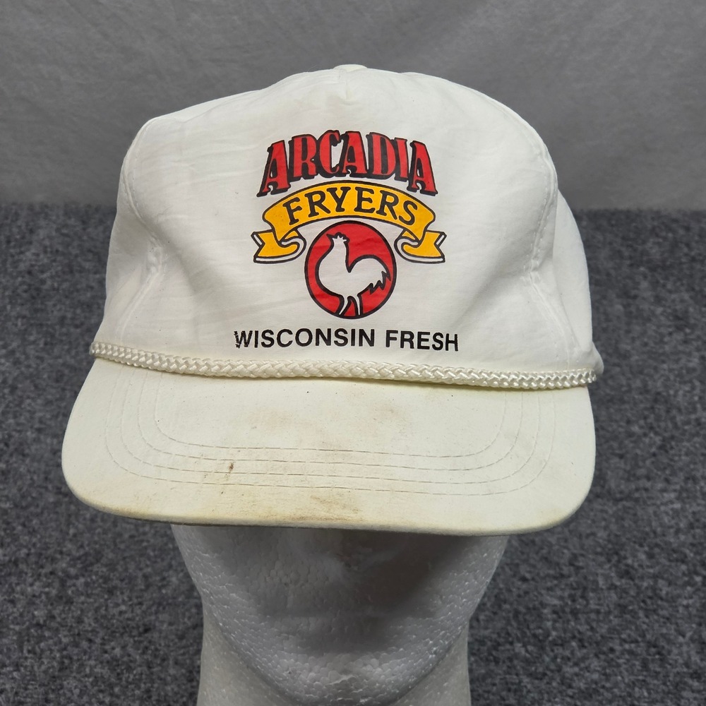 Vintage Arcadia Fryers Hat White Nylon Rope Snapback Wisconsin Farm Grunge Cap